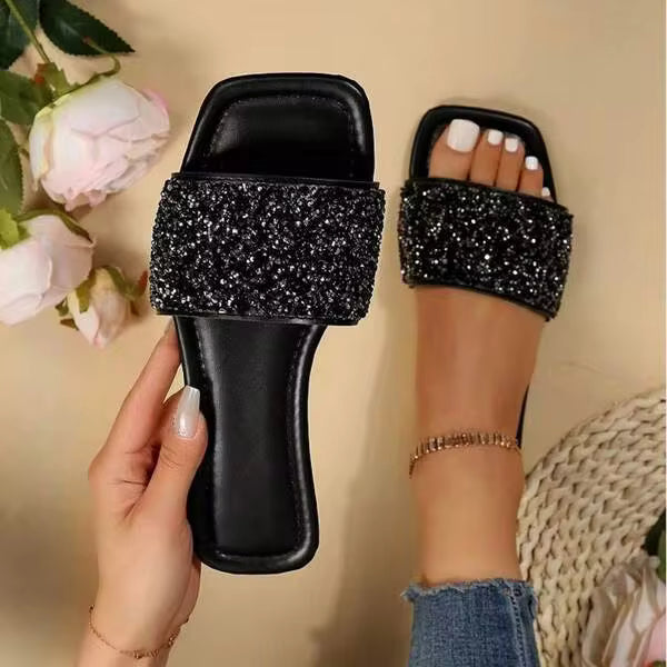 Comfy Slide Sandals For Womens Sparkly Rhinestone Summer Square Toe