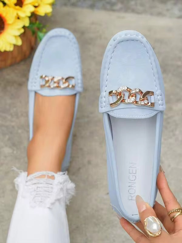 Women's Spring New Gold Chain Elegant Slip-On Loafers, Lightweight Comfortable Versatile Rubber Flat Shoes