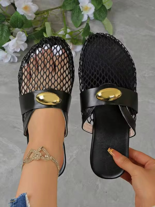 Women's Fishnet Hollow-Out Flat Loafers, Comfortable Linen Casual Backless Mules, Breathable Mesh Slip-On Sandals, Lightweight Soft Indoor Slippers, Bohemian Style Fashion Sandals, Black Mules