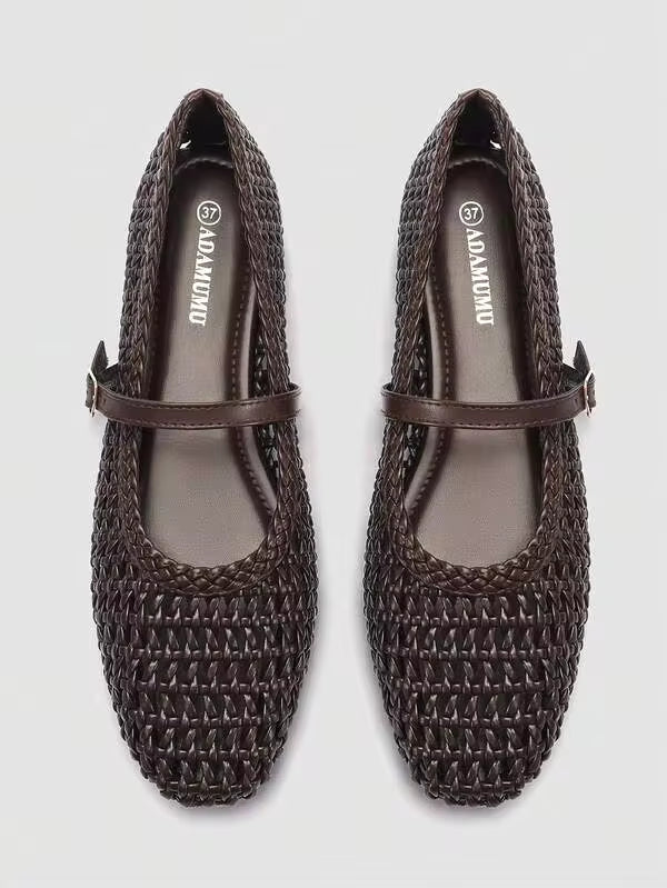 ADAMUMU Oversized Women's Fashion Handmade PU Woven High-End Mary Jane Ballet Shoes With Single Strap Metal Buckle, Breathable Woven Design, Comfortable Flat Sole, Women's Daily Commute / Vacation Casual Wear Shoes