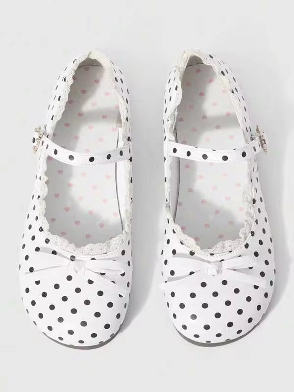 ROMWE Kawaii Women Shoes White Polka Dot Loafers Closed Toe Mary Jane Shoes, Bow Lace Lolita Shoes Ballet Shoes Women's Flat Shoes